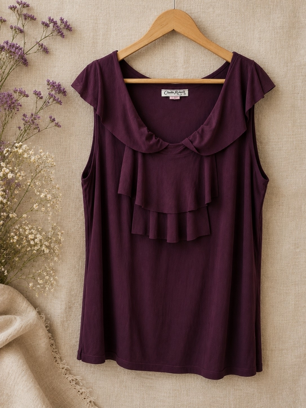 Claudia Richard 2X Plum Purple Ruffle Neck Sleeveless Stretch Top Plus Size